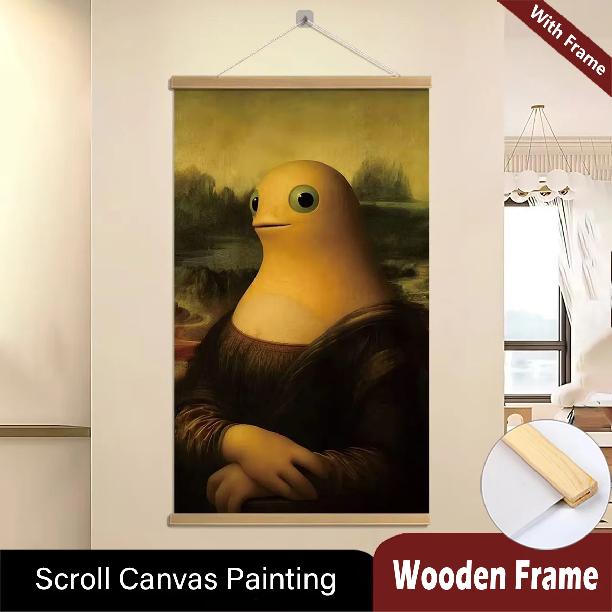 Funny Mona Lisa with Naïve Dragon Wooden Framed Canvas Scroll Hanging Painting - Quirky Creative Gift for Living Room Bedroom