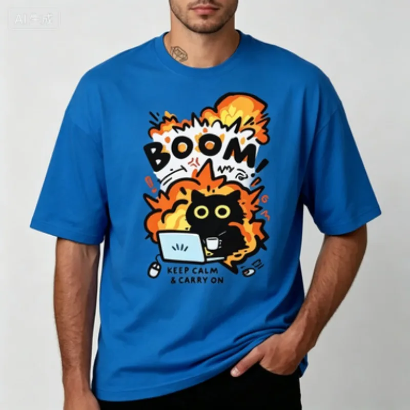 Fashion Men Casual T‑Shirt Cartoon Black Cat Explosion Effect Art Print Short Keep Calm Work Humor Urban Streetwear Tops for Men