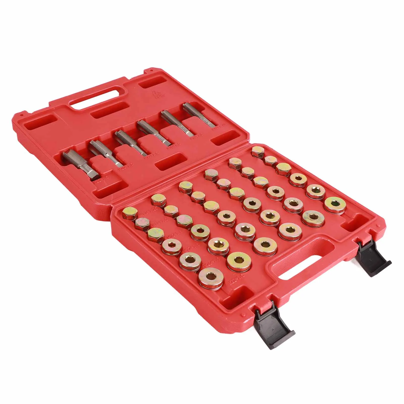 

114Pcs Oil Pan Thread Repair Kit Sump Gearbox Drain Plug Tool Set with Red Plastic Case Automotive Manual Tool