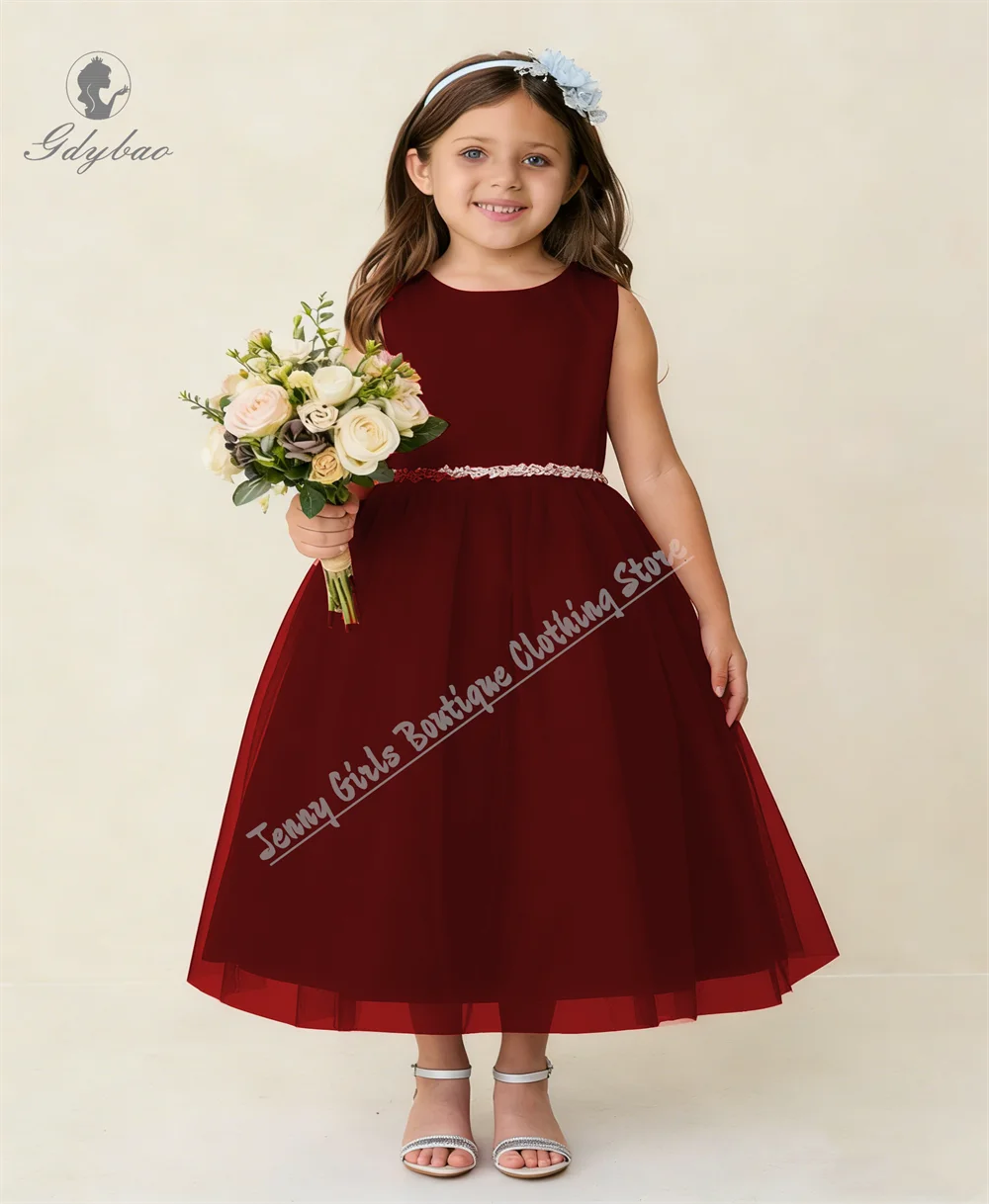 Customized Classic Style Burgundy Flower Child Satin Gauze Flower Girl Dress for Wedding Evening Party Festival Celebration