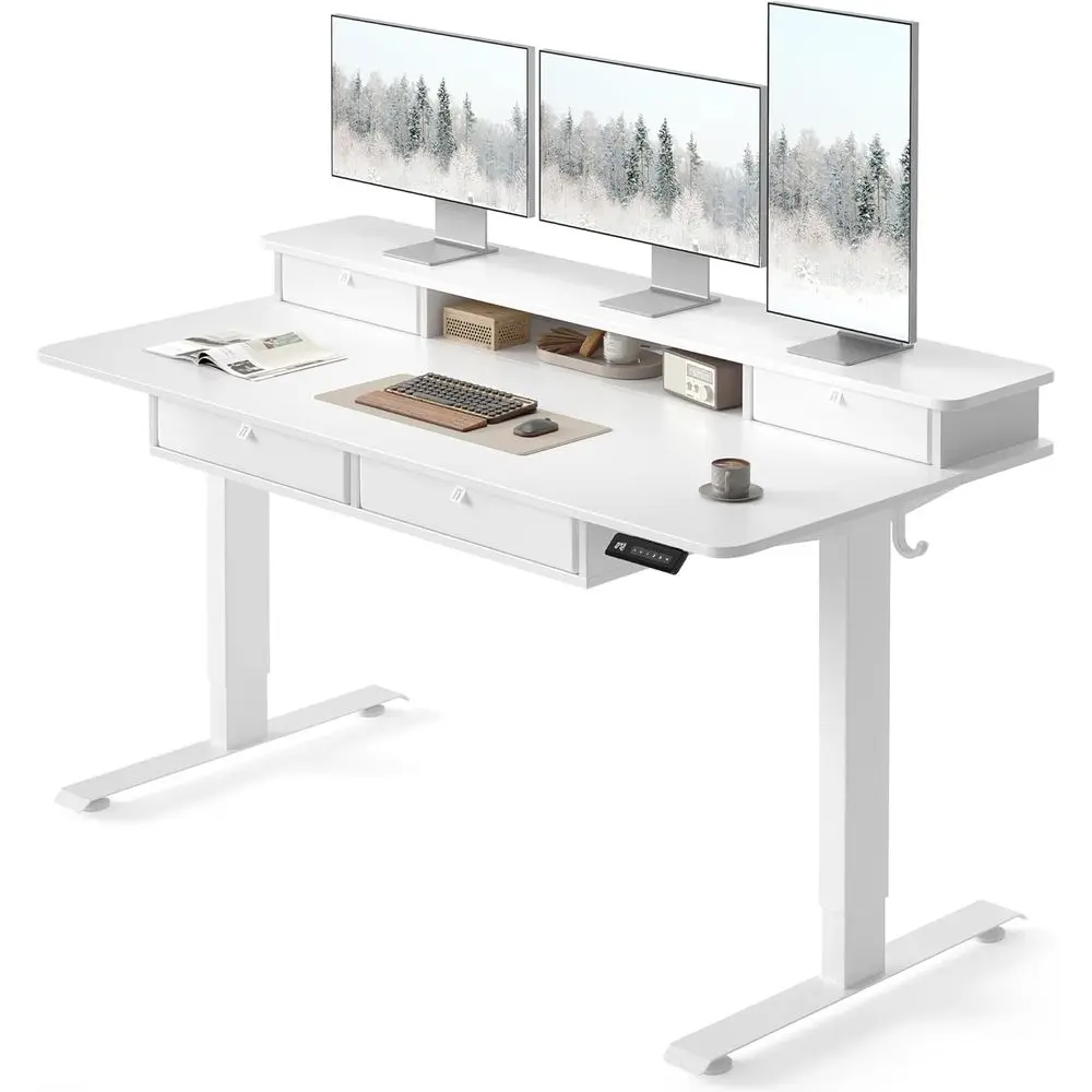 

Electric Height-Adjustable Standing Desk with Storage Shelves and Hooks, White
