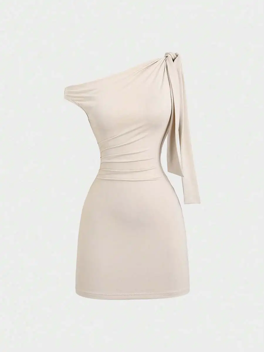 

Women's One-Shoulder Knotted Bodycon Mini Dress with Ruched Waist
