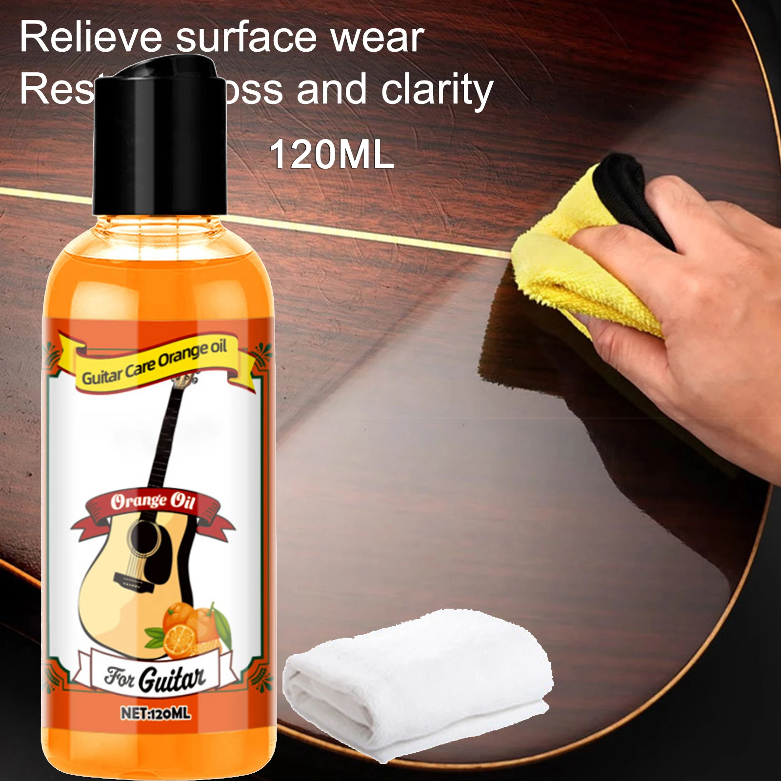 

Масло для грифа, очиститель грифа гитары, 120 мл, полировальное масло, портативное масло для ухода за гитарой, оранжевое масло с чистящей тканью для гитары