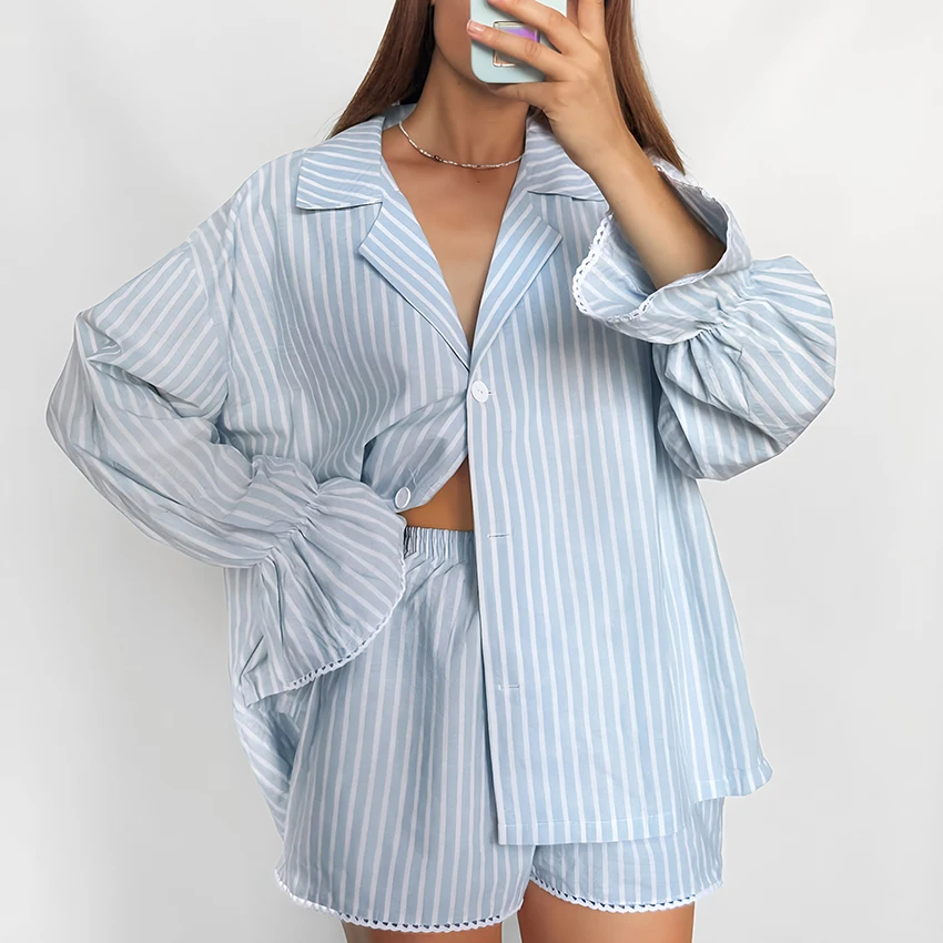 HiLoc Blue Casual Woven Inelastic Women'S Pajamas Two-Piece Balloon Long Sleeve Lapel Single-Breasted Top Elastic Waist Shorts