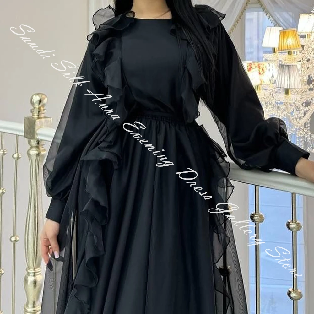 Chiffon Long Sleeves O-neck Floor Length Straight Evening Dress Sweep Train Buttons Temperament Photo Color Saudi Arabia 2024