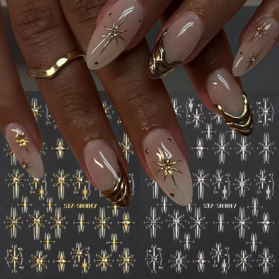 2 Stück Chrom Y2K Goldener silbriger Stern mit Strasssteinen 3D-Nagelkunst-Aufkleber Abziehbilder Klebeschieber Glänzende Nagel-Charms-Dekorationen