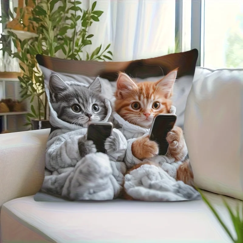 Vibrant Bohemian Style Pillow Cover,Charming Kitten & Phone Design, for Living Room & Bedroom Decor ,Pillow Insert Not Included
