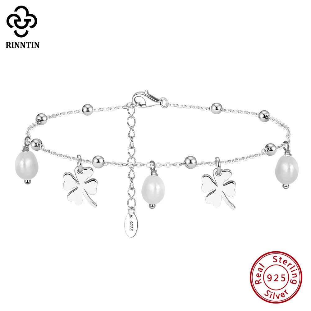 

Rinntin 925 Sterling Silver Cable Chain Anklets with Pearl and Fourleaf Elegant Summer Women's Ankle Foot Chains Jewelry SA54