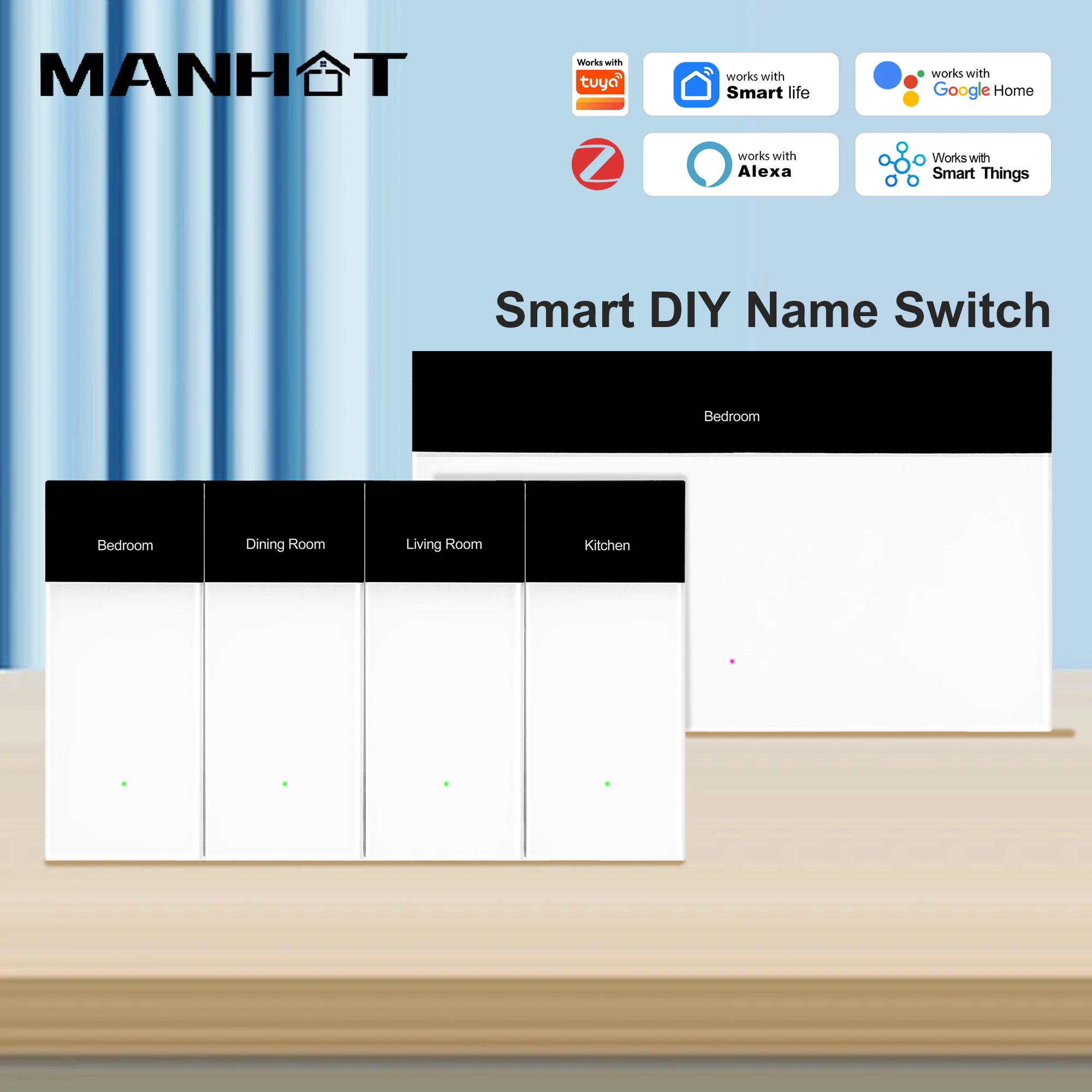 MANHOT Zigbee Smart Horizontal DIY Name Wall Switch US Push Button Display 1 2 3 4 Gang Screen Work with Tuya Alexa Googele Home