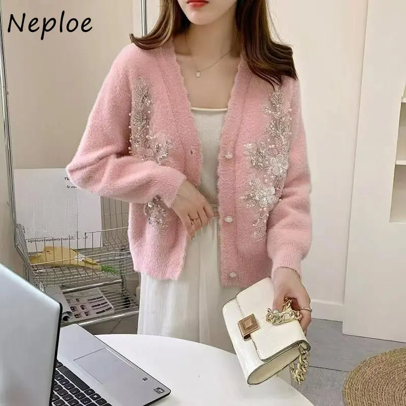 Neploe V Neck Solid Color Long Sleeve Outerwear Autumn Winter Vintage Sweater Jacket Beading Shiny Single-breasted Cardigan Y2k