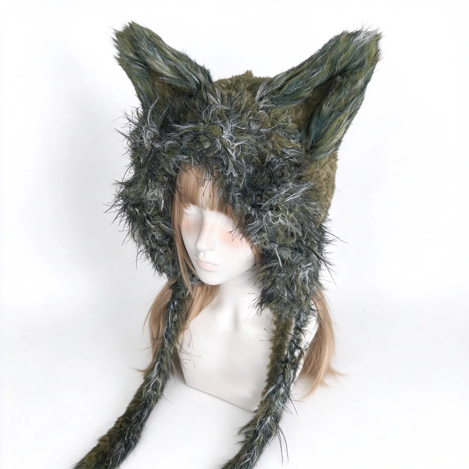 Handmade Moss Green Fox Ear Hood Hat Women Winter Custom Crochet Plush Knit Beanie Men Warm Unisex Cosplay Woodland Festival Cap