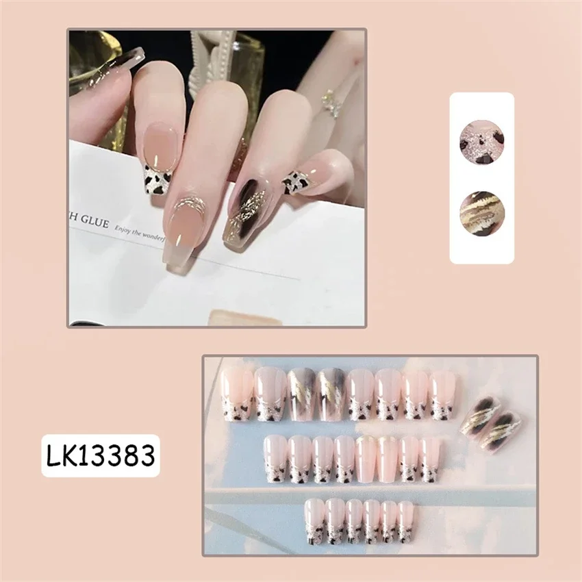 24Pcs/Set Silver Glitter Leopard Matching Design Wearing False Nails Art Handmade French Press on Nail Removable Fake Nail Tips