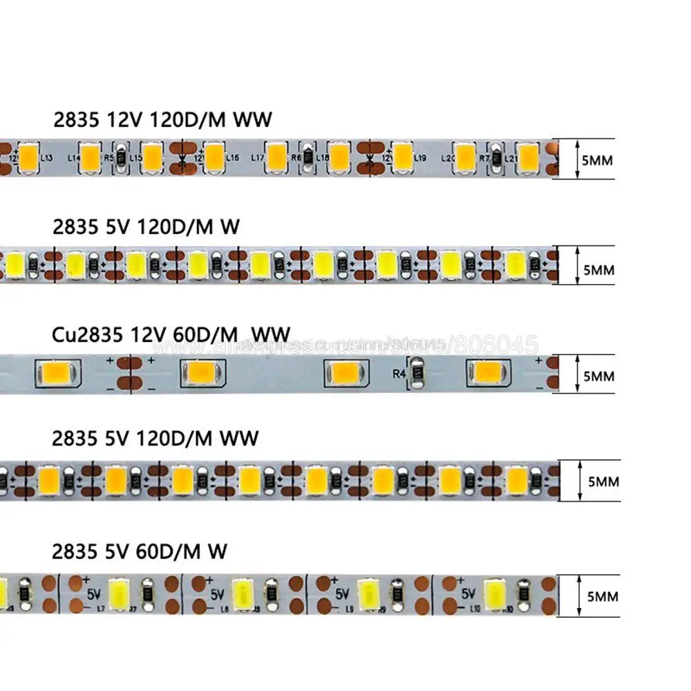 5V 12V 24V DC SMD 2835 LED Strip 5mm Narrow Width PCB 60 / 120 / 180LED/M Flexible LED Light Cool Warm White Red Green Blue IP20