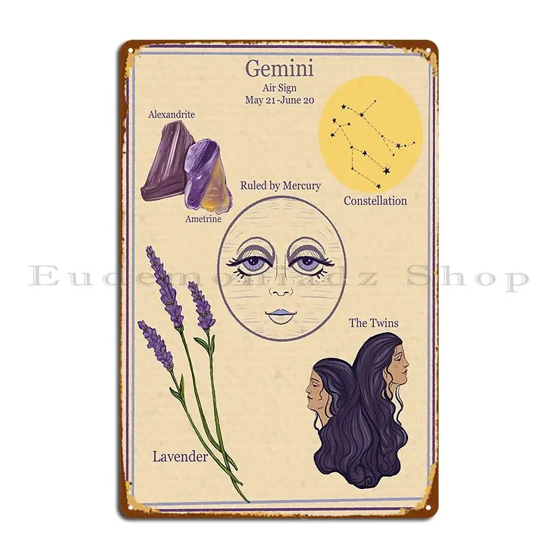 Zodiac Astrology Vintage Style Poster Gemini Metal Plaque Poster Personalized Garage Decoration Designing Club Tin Sign Poster