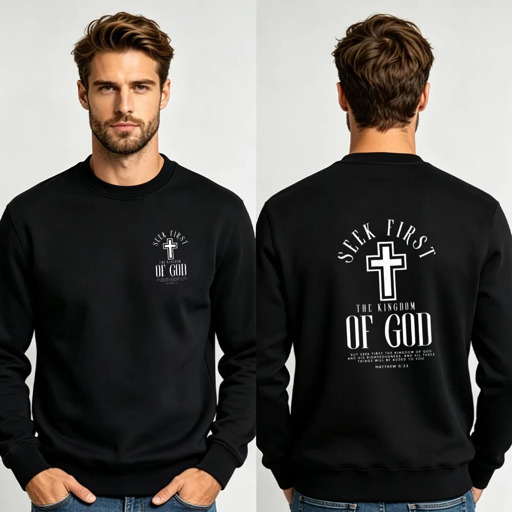 Men Seek First The Kingdom of God Cross Double Sided Crewneck Sweatshirt Front Back Christian Religious Print Loose Pullover Top