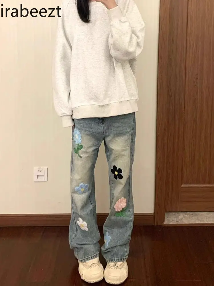 

fashion design women's autumn everything retro baggy pants casual American street design sense embroidery straight leg jeans