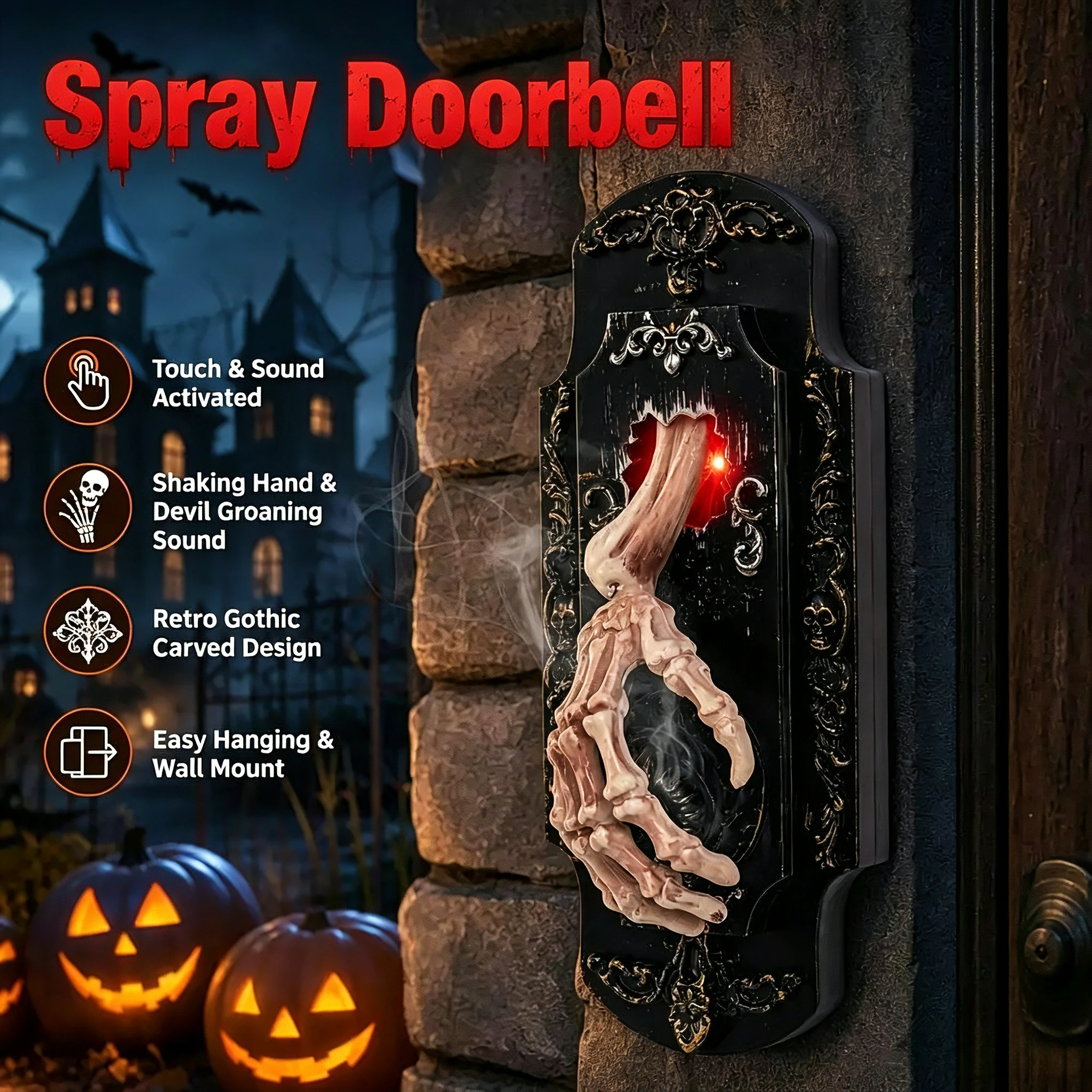 ハロウィーン、面白いドアベル、誘導スプレー、ドアロック、光と音、タッチ式、誘導式、屋敷のレイアウト、お化け屋敷。