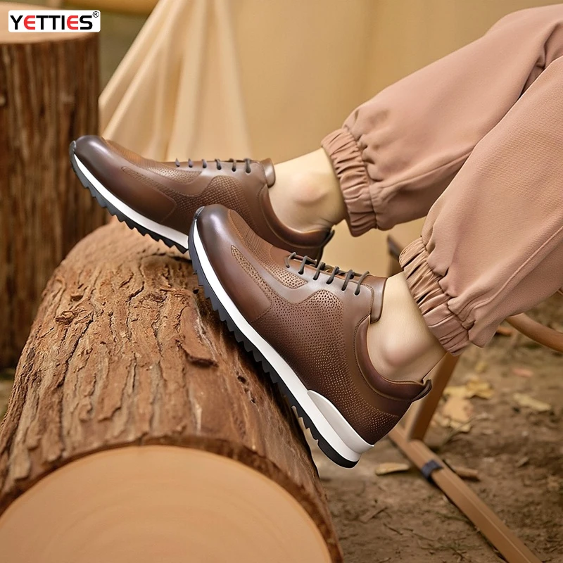 YETTIES first layer of cowhide fashion men's shoes lace-up embossed thick-soled increased casual shoes breathable men's shoes