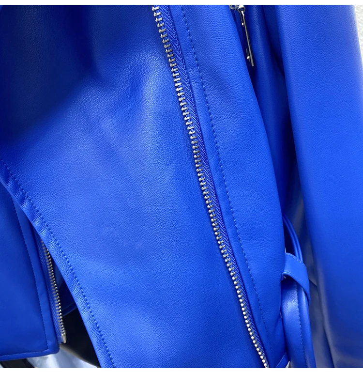Lautaro Spring Autumn Short Blue Soft Pu Leather Biker Jacket Women Zipper Long Sleeve Belt Cool Luxury Designer Clothes 2022