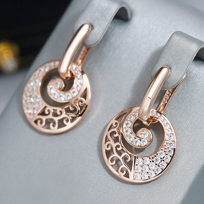 Wbmqda Luxury Circle Hollow Drop Earrings For Women 585 Rose Gold Color With White Natural Zircon Fine Daily Party Jewelry