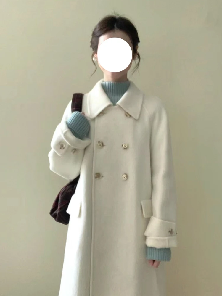 

Korean Sle Woolen Coat Women's Mid-Length Outerwear White Slimming Long Sve Double-Breasted Collar Straight Cut