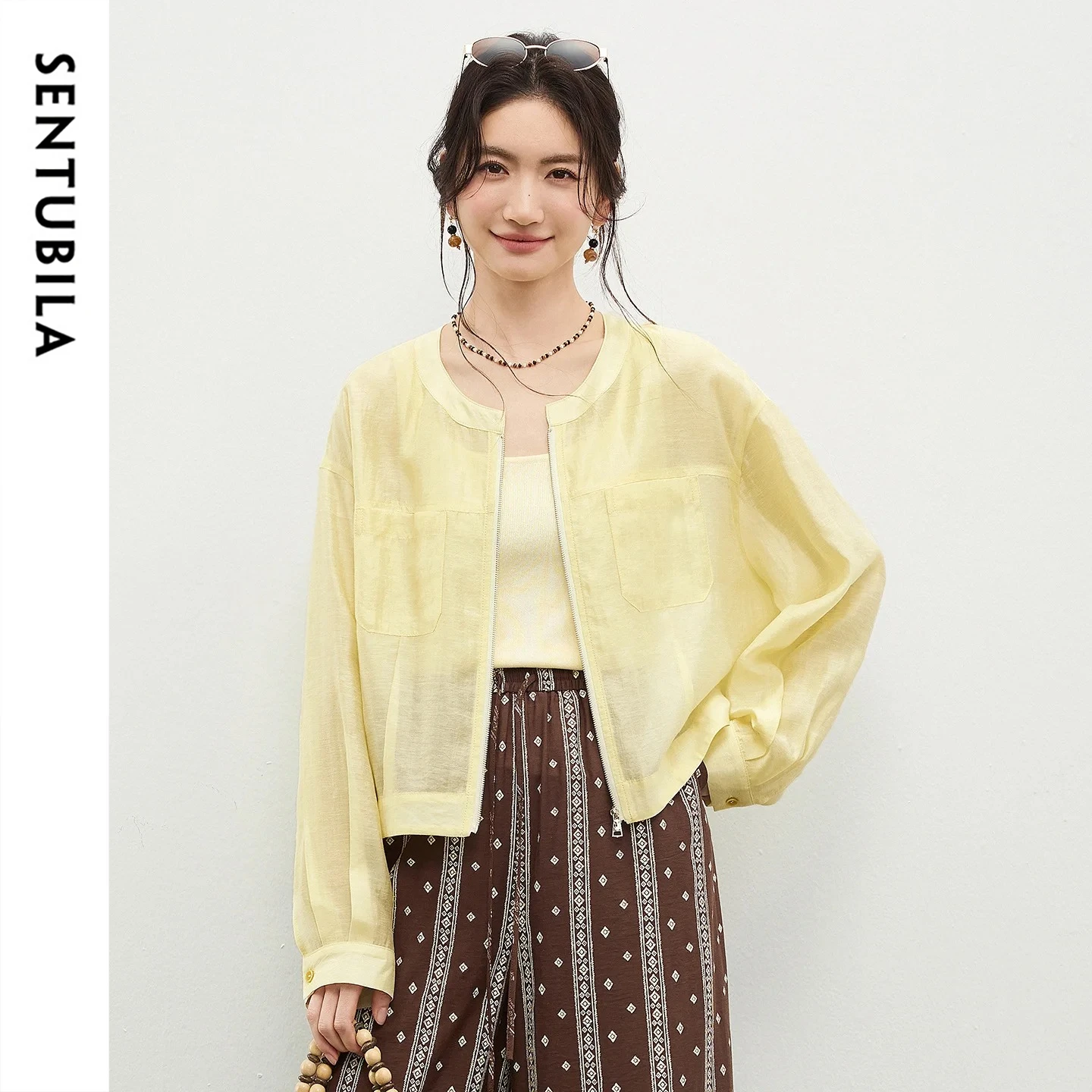 SENTUBILA Women's Simple Office Shirt Jacket 2026 Spring Fashion Crew Neck Symmetric Pocket Loose Zipper Front Coat Q61WF5939