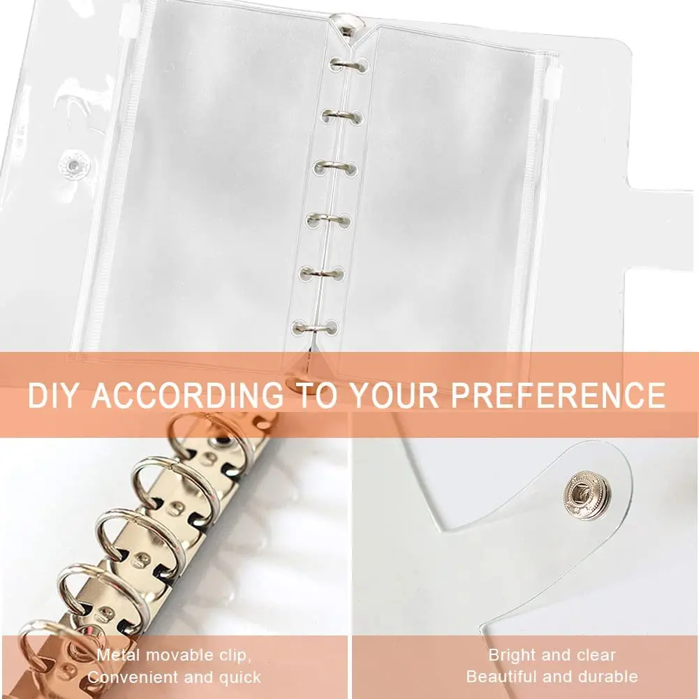 A7 Clear Soft PVC  Refillable Notebook Cover Mini Journal Binder, with 80 Paper Inserts, 2 Zipper Binder Pockets,Label Stickers