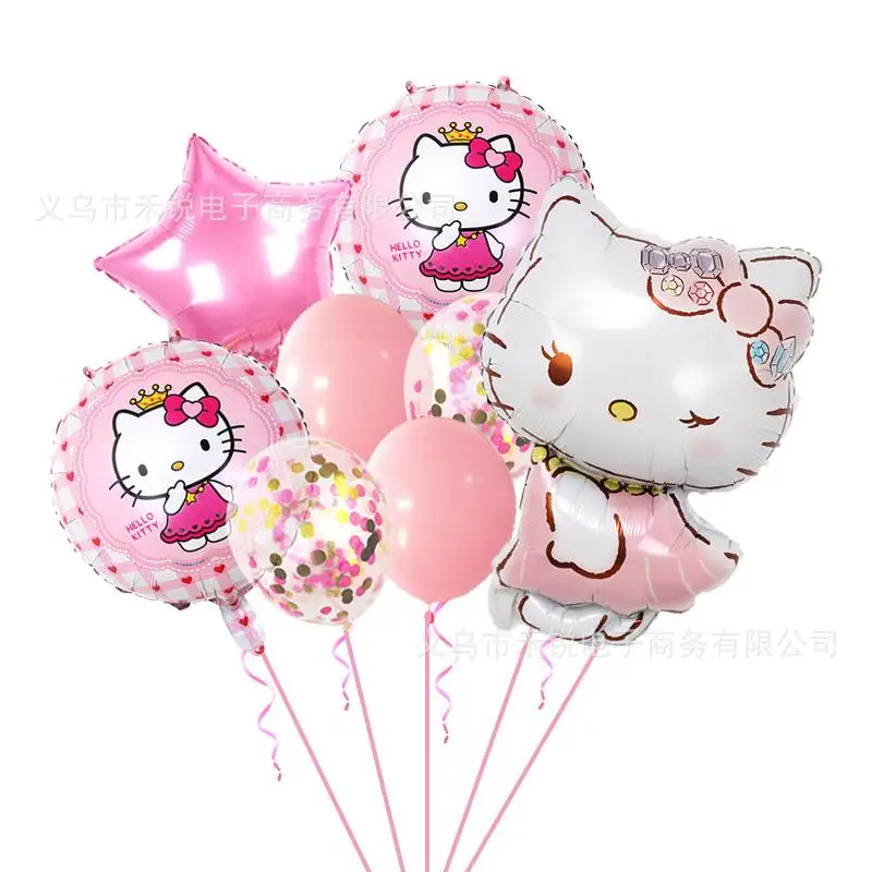 Balão bonito Sanrio Olá Kitty para menina, Balões metálicos, Pacote de aniversário, Layout Presente, Festa Kawaii, Novo, 9pcs