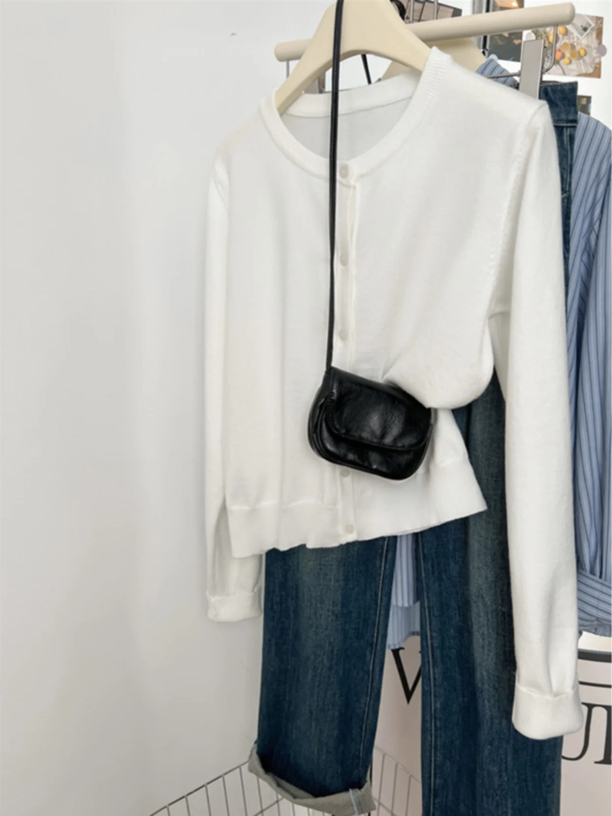 

Elegant White round Neck Knitted Sweater Coat Women's Autumn Winter Slimming Outerwear Korean Style Long Sleeve Business Casual