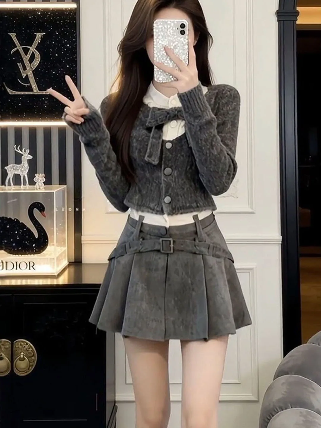 

Chic Knitted Two-Piece Set Sweet Girl Style Elegant Plaid Skirt Casual Fashion Spring Collection High Waist Warmth Guaranteed