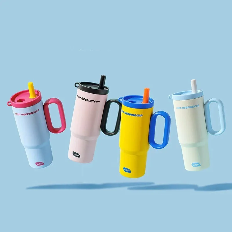 750ML Stainless Steel Thermos Cup with Straw & Handle Ice Coffee Drink Vacuum Insulated Cup Car Travel Outdoor Water Bottle