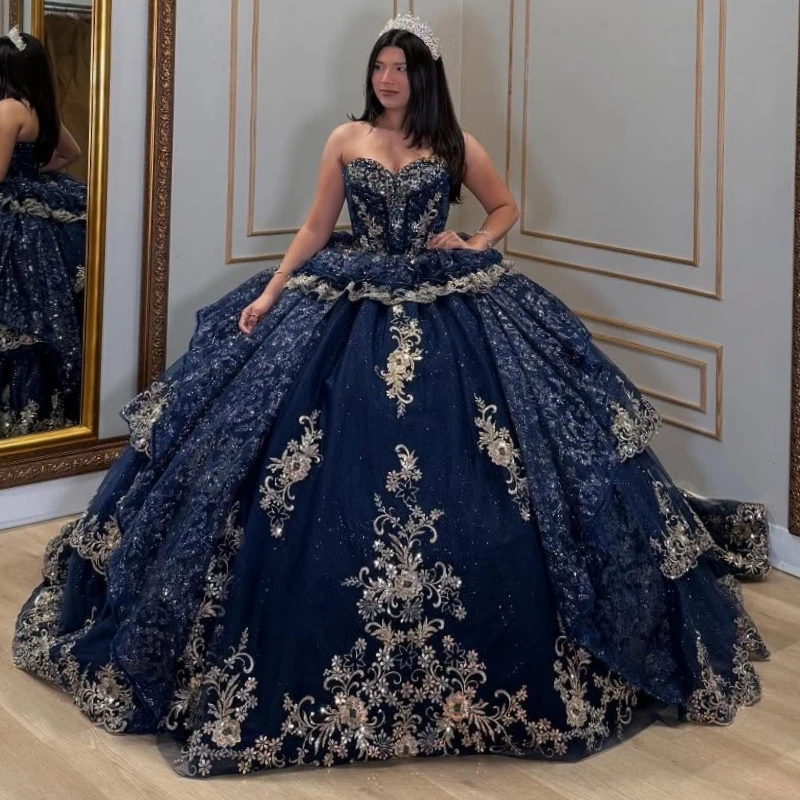 

Navy Blue Shiny Princess Off the Shoulder Sweet 16 Dress Quinceanera Dresses Applique Beads Tiered Tull Corset Party Birthday