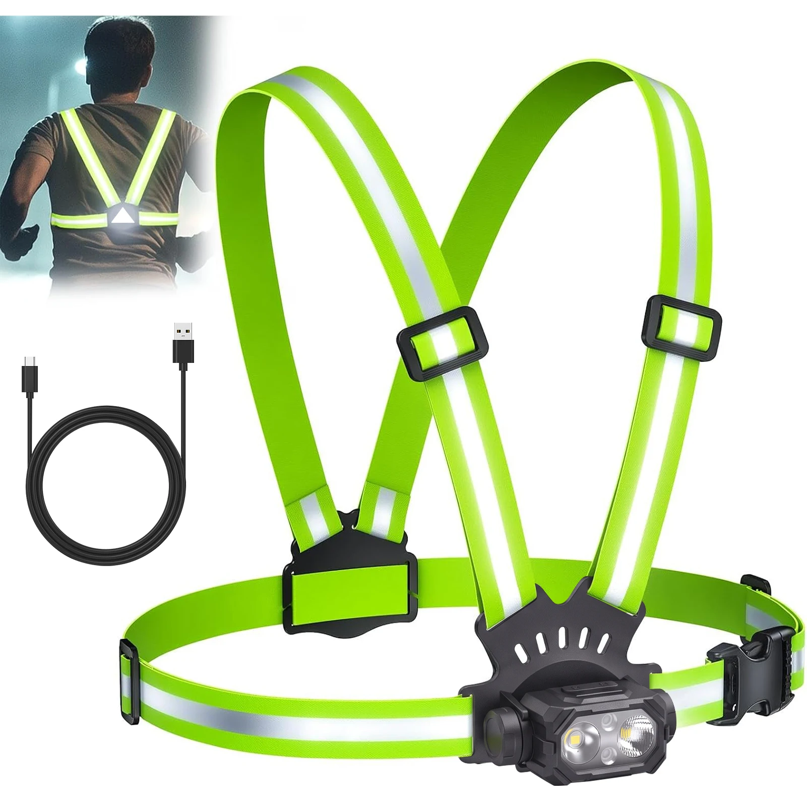 Adjustable Running Lights for Runners 360° Reflective Running Vest 2-in-1 Running Chest Light for Runner Jogging Walking Cycling