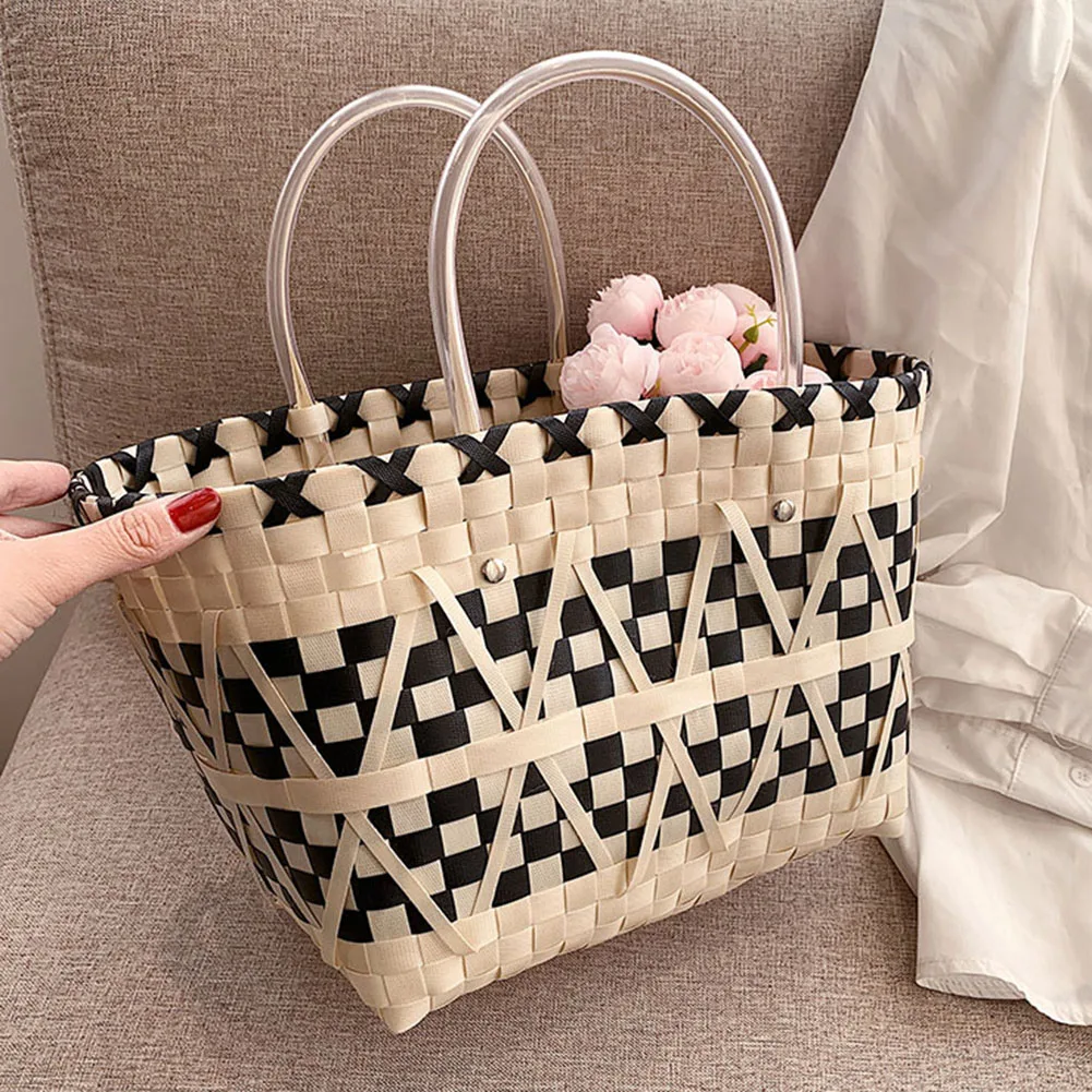 Women Woven Tote Large Summer Beach Bags Handmade Weave Bucket Big Capacity PVC Weaving Hit Color Fashion for Girls Holiday