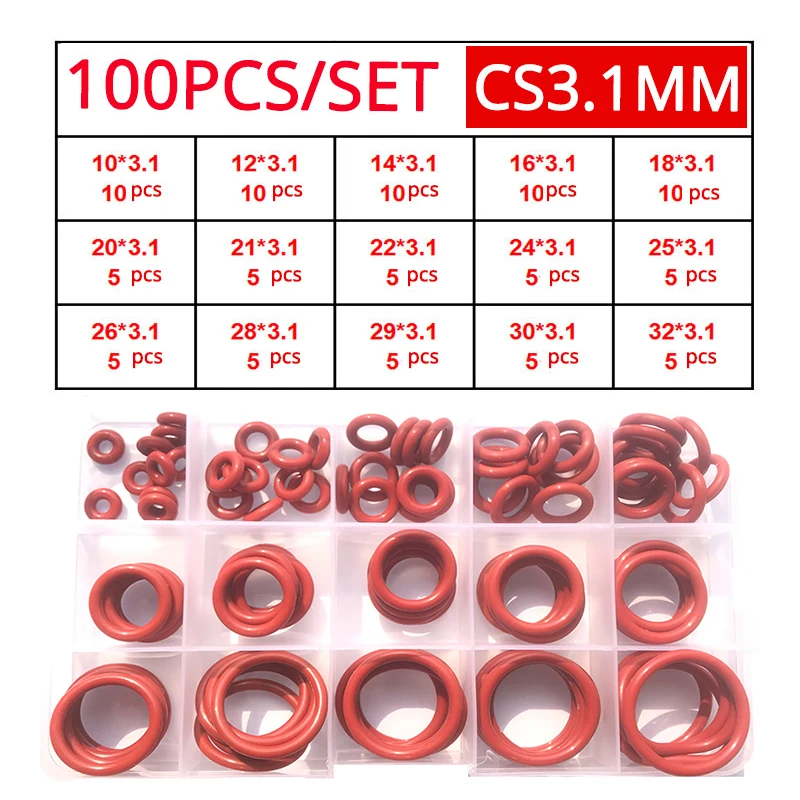 Red Silicone O Rings 250-100Pcs O-Rings Red Silicone VMQ Seal Sealing O-Rings Silicon Washer Rubber O-Ring Assortment Kit Set image 3