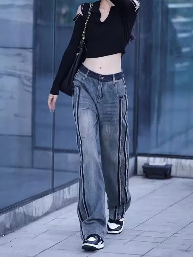 High Waist Wide Leg Denim Jeans Women's Winter New Style Color Block Frayed Draping Straight Floor-Length Pants