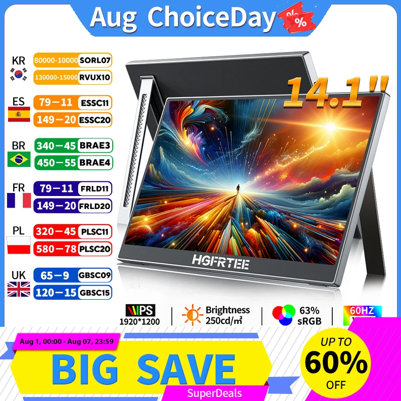 HGFRTEE 14.1 Inch Portable Monitor 1200P 16:10 Aspect Ratio 63%sRGB Second Screen for Laptop Gaming Compatible with Switch PS4/5