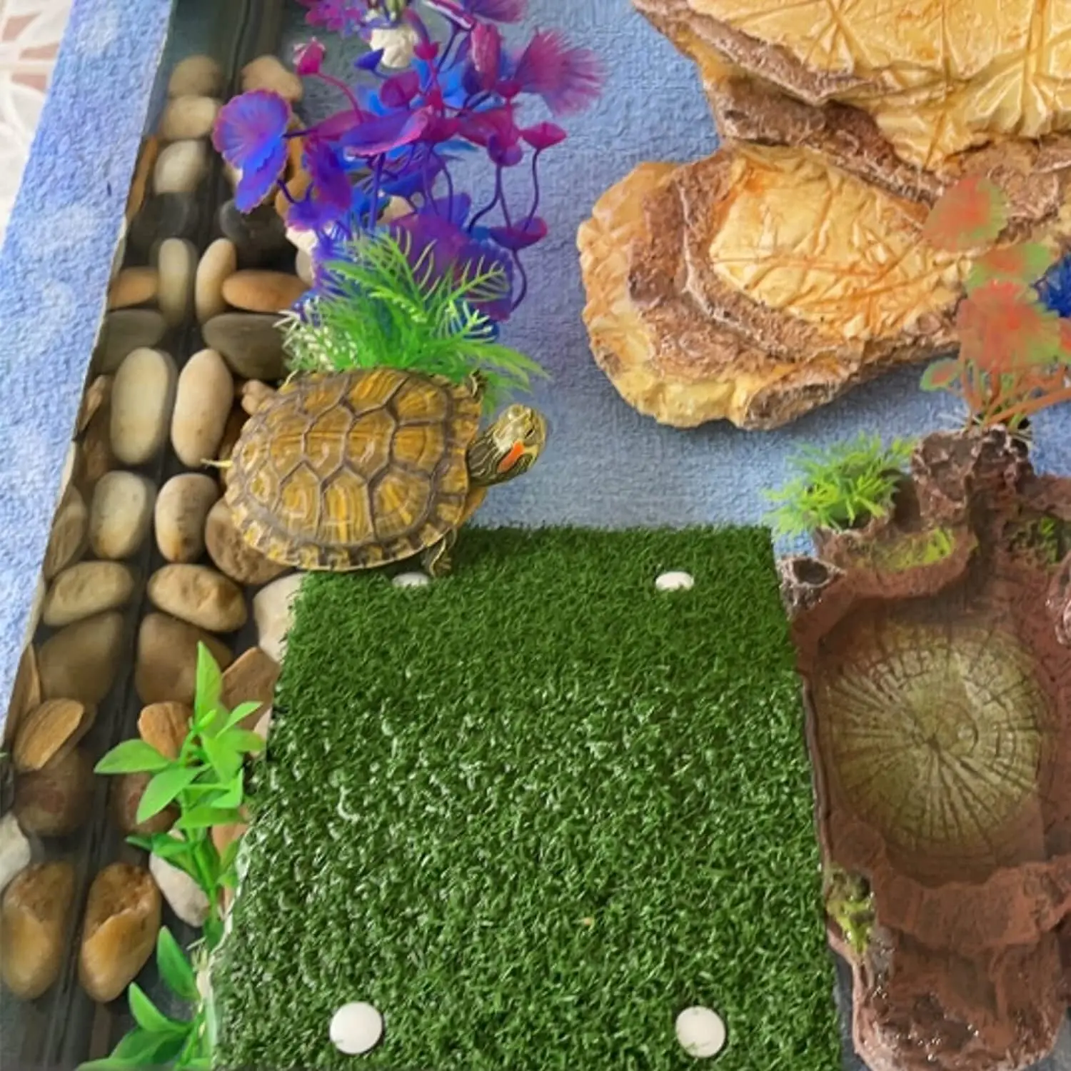 (A02R) Lawn Turtle Basking Platform Turtle Resting Basking Platform, Simulation Grass Turtle Ramp for Turtle Tank, Reptile L