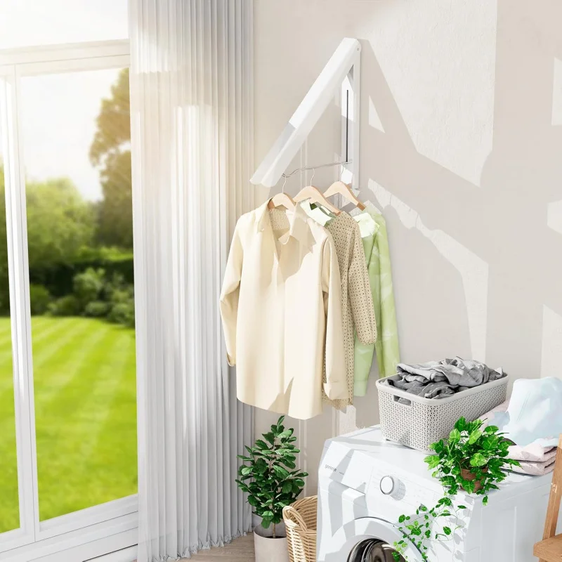 2 Clothes Drying Rack Foldable Collapsible, Folding Laundry Wall Mounted Retractable Hanger Room,
