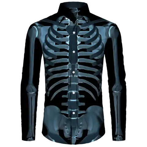 3D Skeleton Print Button Shirt for Men & Women, 2024 Halloween Cosplay Long Sleeve Streetwear Top