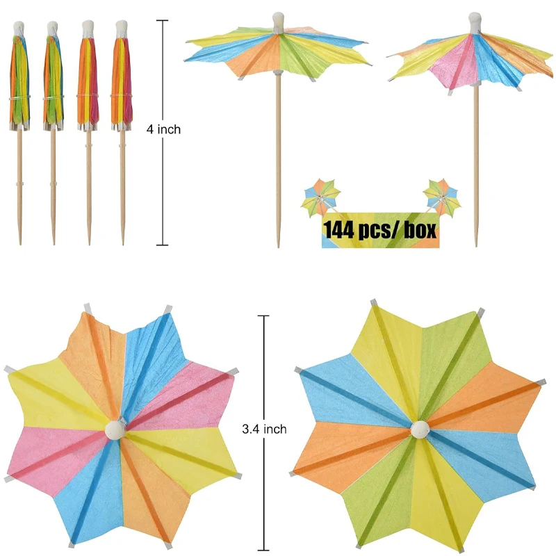 144 Pcs Drink Umbrellas Cocktail Picks, Multi Color Star Parasol Toothpicks, Cupcake Toppers for Tropical Wedding Party