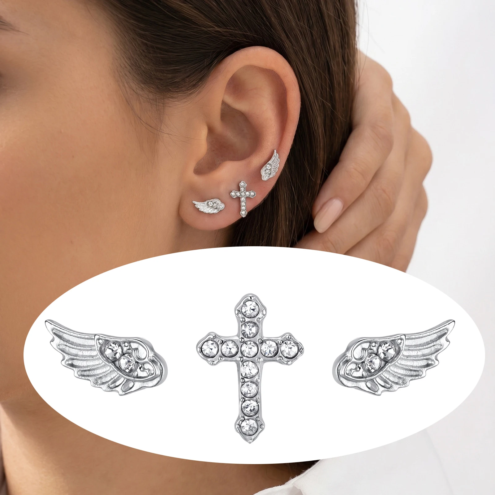 3-teiliges Set mit gotischen Kreuz- und Engelsflügel-Ohrsteckern, mit Zirkonia besetzt, versilbert, Punk-Grunge-Schmuck, für mehrere Piercings