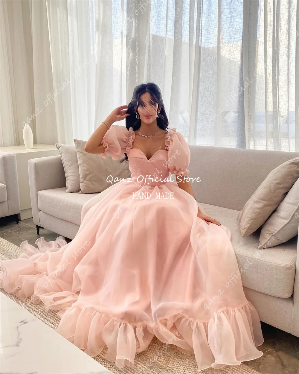 Qanz Pink Women Dresses Party And Wedding Formal Organza Ruched Puff Sleeves Evening Dresses Lace Up Back Prom Dress Customized