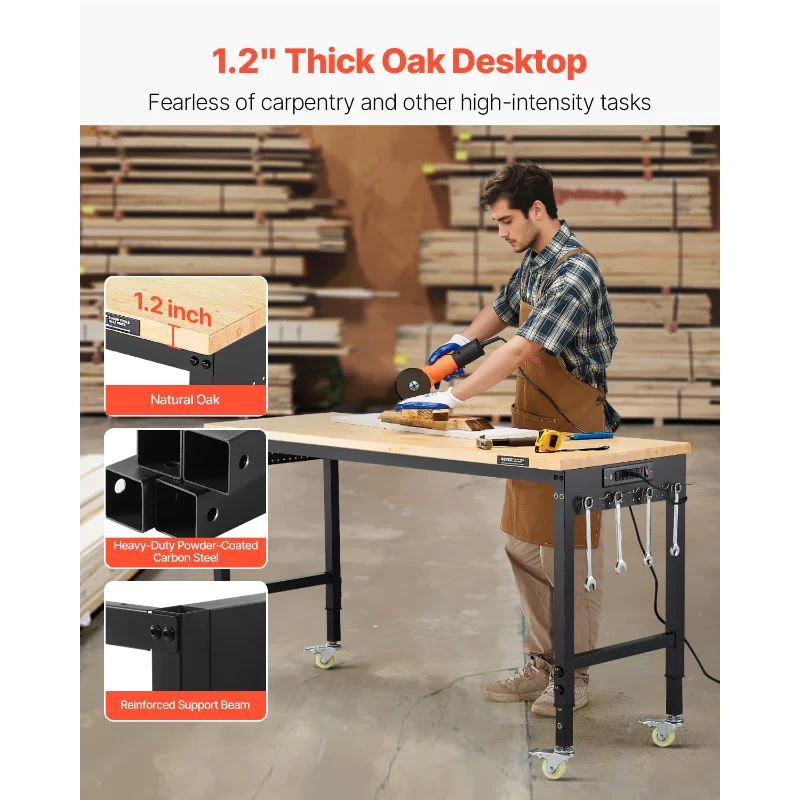VEVOR Bancada de trabalho ajustável de 60 polegadas, carga de 2.000 libras, banco de trabalho com tomada de energia, rodas e pegboard, madeira de carvalho resistente