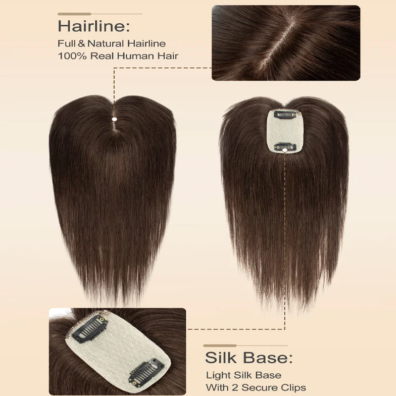 One Piece Human Hair Topper With Bangs 2 Clip In Type 20G 360 Degree All Round Coverage Gray Hair Cover Piece Women Hair Thickening Accessory 5x9cm Base Multiple Sizes view 3