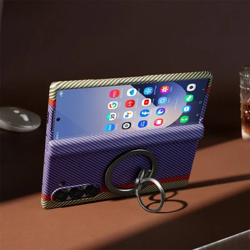 

High Quality Carbon Fiber Slim Phone Case And Ring Holder Kickstand for Samsung Galaxy Z Fold 7 6 5 4 3 Shockproof Protect Cover