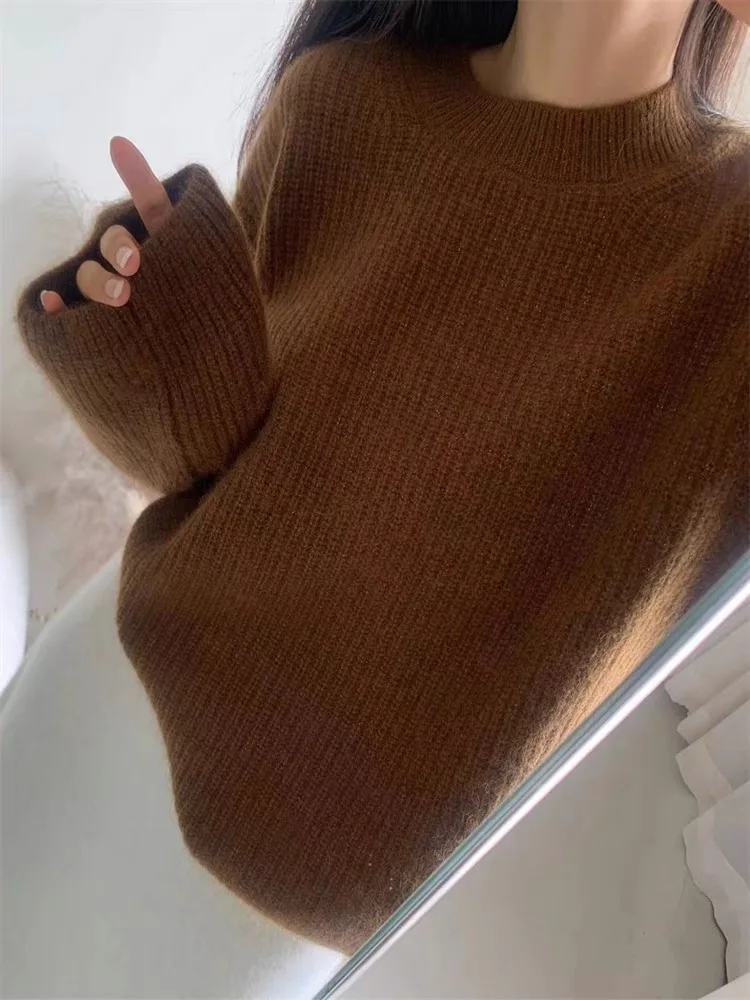 2023 autumn and winter new cashmere sweater women loose vintage pit strip crewneck sweater loose lazy knit bottom shirt