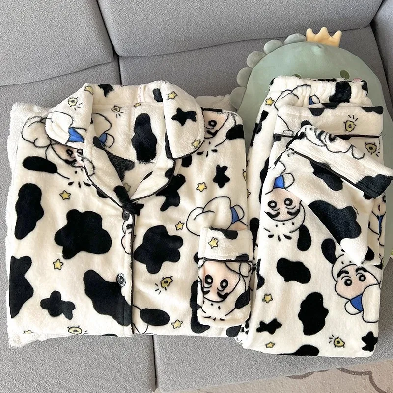 Anime Crayon Shin-Chan Men's/women's Couple Pajamas Set Casual Flannel Pajama Plush Lapel Coral Cartoon Warm Homewear Nightwear