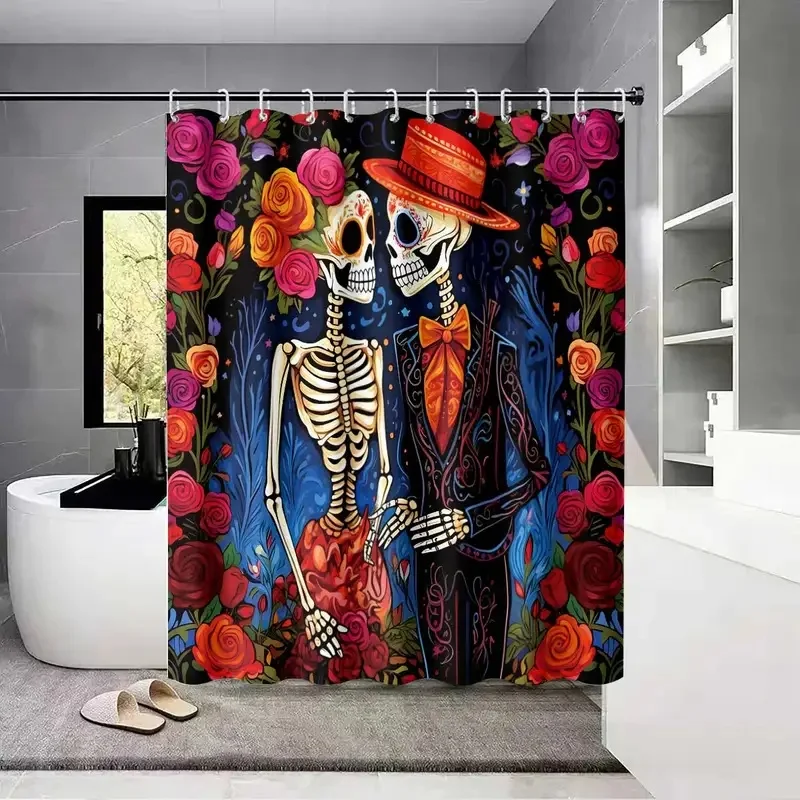 VIKAMA Shower Curtain Day of The Dead Skeleton Couple Floral Print Waterproof Fabric Curtain for Bathroom Decor
