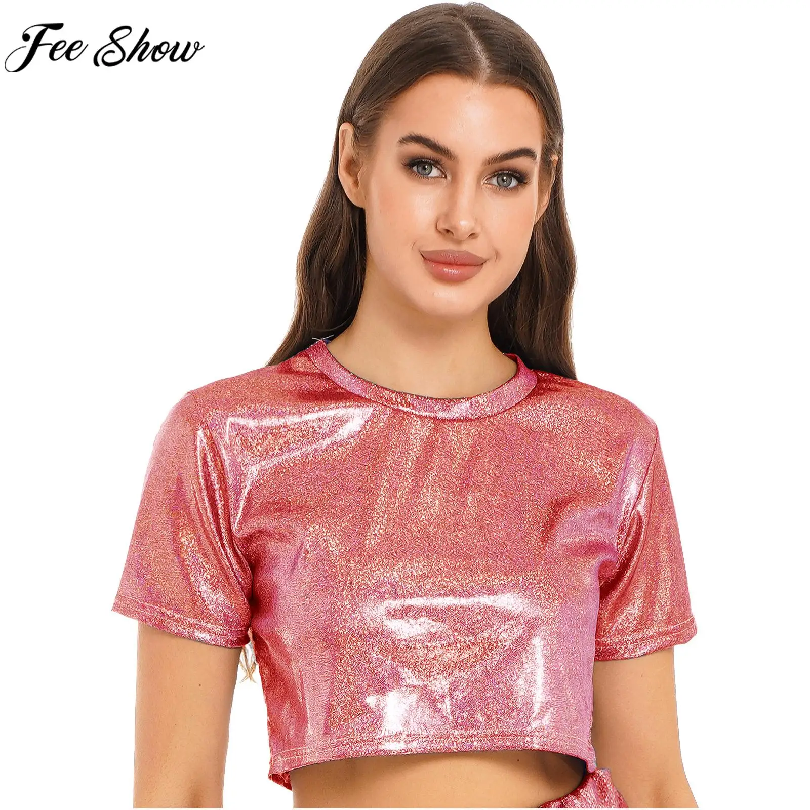 Womens Metallic Shiny Crop Top Short Sleeve Casual T-shirt Jazz Dance Stage Performance Tees Music Festival Clubwear Streetwear